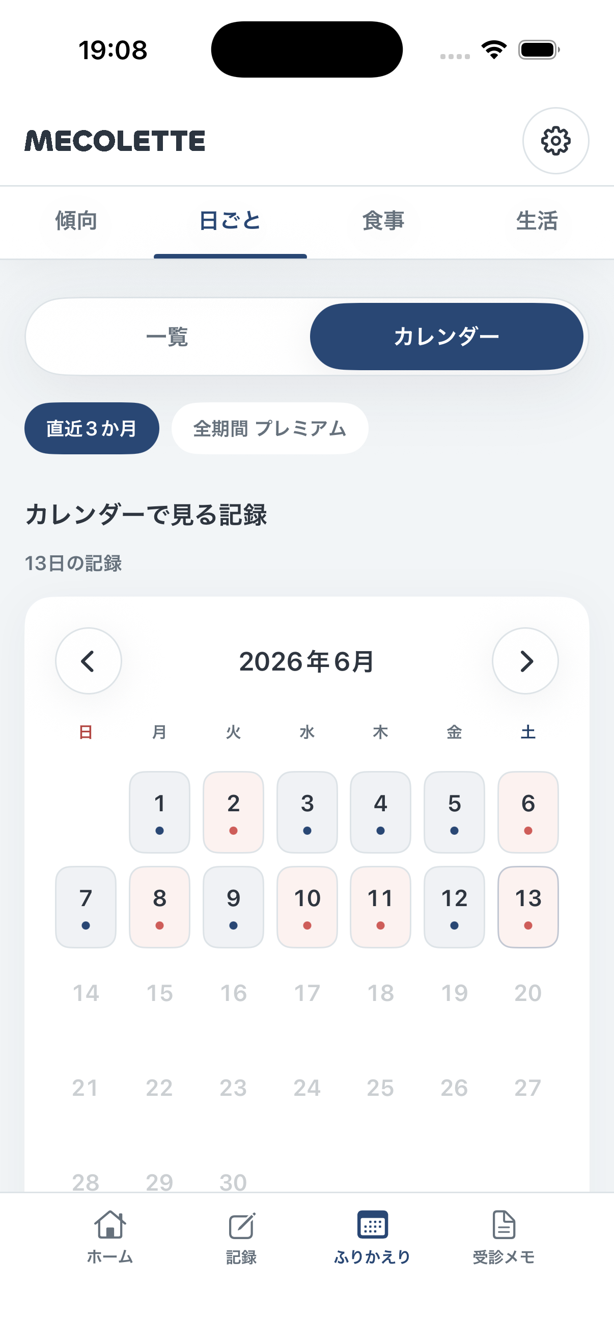 MECOLETTEのカレンダー記録画面