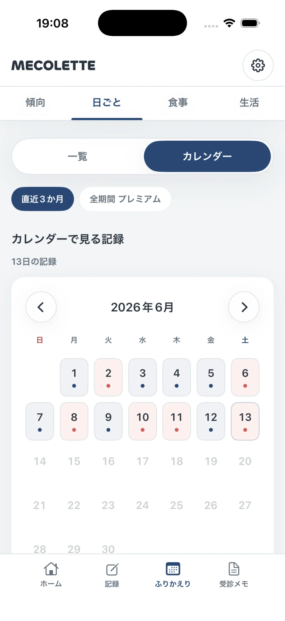 MECOLETTEのカレンダー記録画面