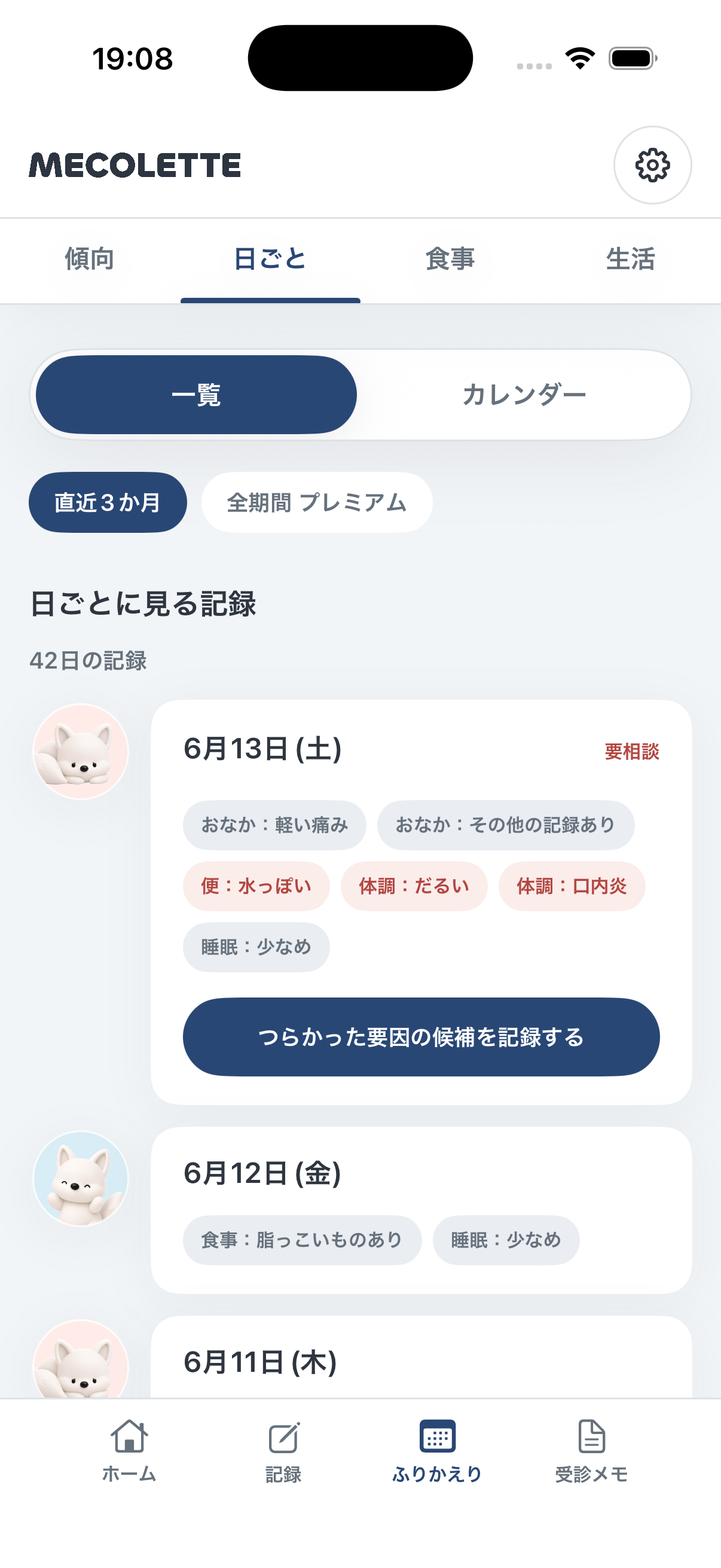MECOLETTEの日ごとに見る記録画面